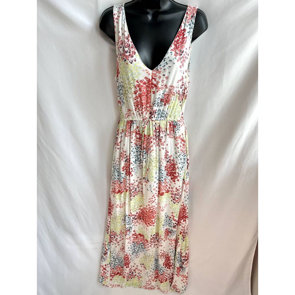 Lucky Brand Maxi Midi Floral Dress M Cottagecore Fit and Flare White Pink V Neck